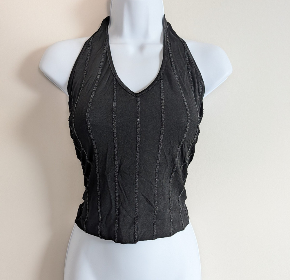 Vintage Bebe Halter Top Womens Small Black Beaded Y2K Whimsigoth USA Made 90s